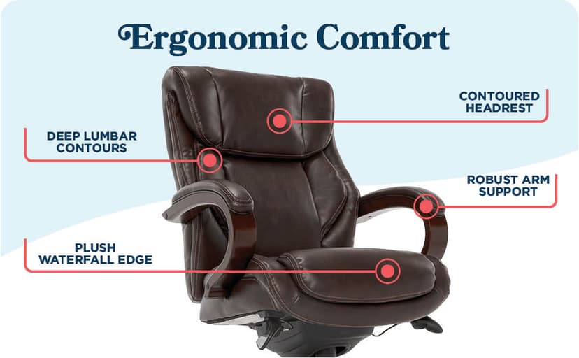La-Z-Boy® Bellamy Executive Office Chair with Memory Foam Cushions, Real Wood Arms and Swivel Base, Waterfall Seat Edge, Faux Bonded Leather, Brown