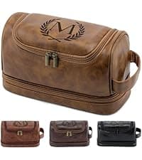 Unique Mens Toiletry Travel Bag Monogrammed Initial PU Leather Waterproof Shaving Bag for Toiletries Accessories Personalized Retirement Anniversary Thank You Gifts for Men Husband Him (R)