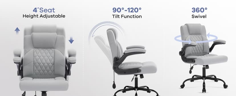Office Chair with Adjustable Inflatable Lumbar Support,Leather Ergonomic Computer Desk Chair with Flip-up Arms,Adjustable Tilt Lock,Swivel Rolling Executive PC Chair for Work,Study,Meeting.Grey