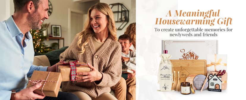 Synhonty New Home Gift Ideas Basket, 11 Pcs: Bamboo Serving Board, Wooden Decoration, Soy Candle, Towels & More - White