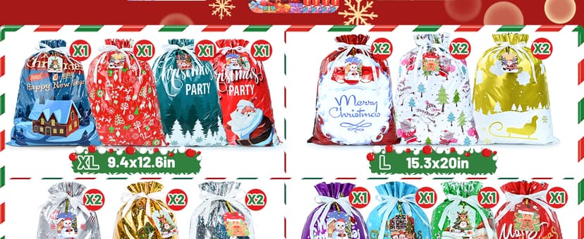 14 Styles Colorful Xmas gifts Bags with 20 Cards for Gifts Holiday Present Wrapping Xmas Decor 20 Pcs Christmas Drawstring Gift Bags, Assorted Sizes with More Large Bag. B0H7MP6FX5