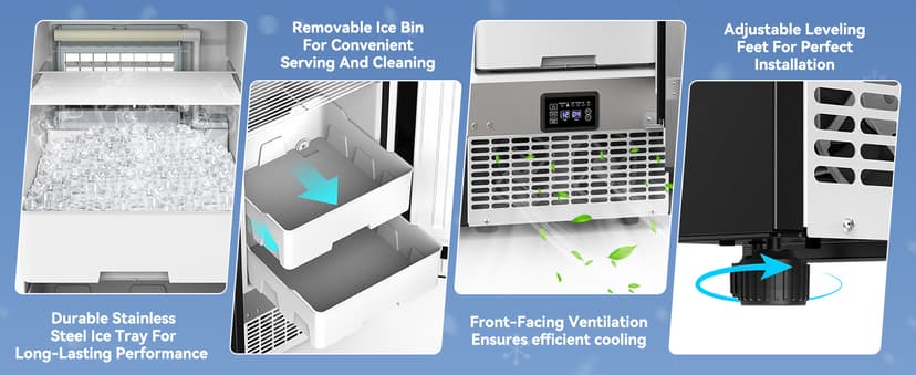 SOZT® Under Counter Ice Maker with Refrigerator Function, 120LBS/24H Commercial Ice Machine, No-Melt Ice Storage, 24H Timer & Self-Cleaning, Built-in/Freestanding for Home Bar Cafe Restaurant