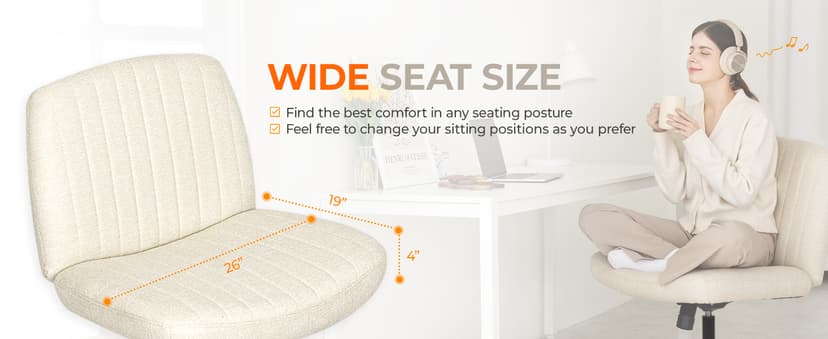 Orange Factory Criss Cross Chair Wheels Wide Cross Legged Office Desk Vanity Chair Comfy Fabric Armless Adjustable Swivel for Home Computer Task (Beige Wheel, Fabric)