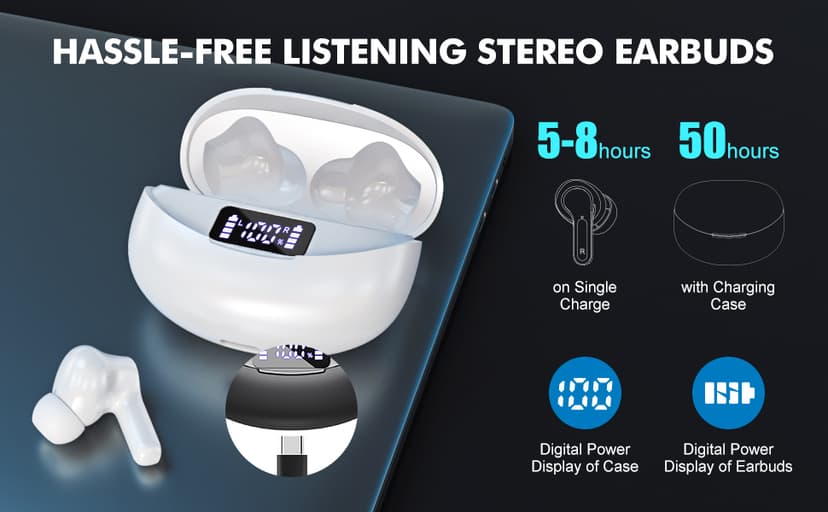 Fhumsh Wireless Earbuds, Bluetooth 5.4 HiFi Stereo Headphones with Noise Cancelling Mic, 50H Playback in Ear Buds with LED Digital Display, IPX7 Waterproof Earphones for Office/Running/Workout White