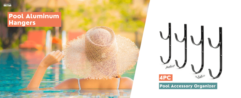 Pool Pole Hanger Premium 4pc Black Aluminium Holder Set by Aquatix Pro, Ideal Hooks for Telescopic Poles, Skimmers, Leaf Rakes, Nets, Brushes, Vacuum Hose, Garden Tools and Swimming Pool Accessories