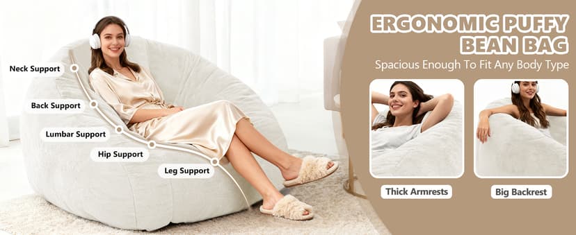 Bean Bag Chair for Adults, Soft Faux Fur Giant Beanbag Chairs, Oversized Cozy Bean Bag Couch Large Reading Chair, Comfy Bean Bag Sofa for Living Room, Bedroom & Dorm, Beige
