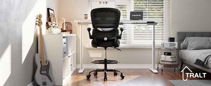 TRALT Drafting Chair - Tall Office Chair for Standing Desk - High Office Chair with Adjustable Footrest Ring Lumbar Support - Tall Office Chairs for Home Office with Flip-Up Armrests (Black)
