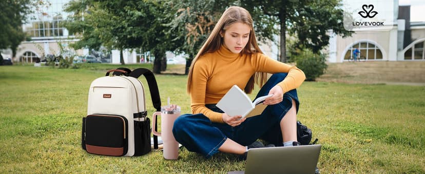 LOVEVOOK Laptop Backpack for Women with Pouch Pocket for Large Capacity Cup,15.6 Inch Laptop Computer Bag Travel Backpack Purse,Waterproof Work Business Backpack College Teacher Bags,Beige-Black-Brown