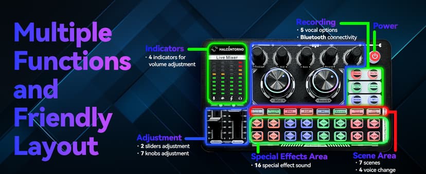 HALCONTORNO Podcast Sound Board F999 Plus - Music Mixer Board, Audio Mixer for YouTuber Streamer Music Gamer, Audio Interface, DJ Equipment Sound Card for Beginners (F999 Plus)