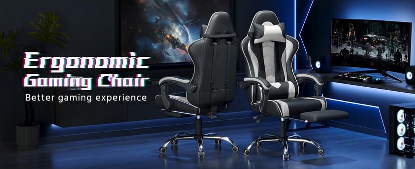 Yaheetech Gaming Chair, Video Game Chair with Massage Lumbar Support and Footrest Height Adjustable Ergonomic Computer Gaming Chair with Swivel Seat and Headrest, Black/White