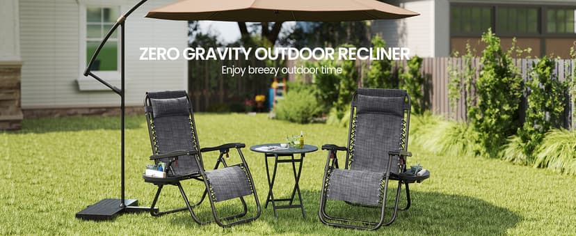 Yaheetech Zero Gravity Recliners Outdoor Adjustable Folding Reclining Lounge Chairs w/Pillows, Cup Holder Trays and Carry Strap for Patio Backyard Beach Gray Set of 2