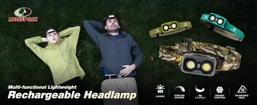 Mossy Oak 600 Lumens Rechargeable Headlamp, Lightweight LED Headlight with White & Red Light, Waterproof Head Lamp with Non-Slip Band, Dimmable & Memory Function for Hunting, Camping, Power Outage