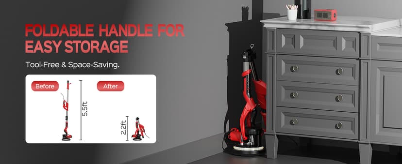 Drywall Sander, 2025 Upgraded 8-Amp Popcorn Ceiling Removal Tool with 7 Variable Speed 800-1800RPM, Drywall Sander with Vacuum Dust Collector with Extendable Handle, LED Light, 12pcs Sanding Discs,Red