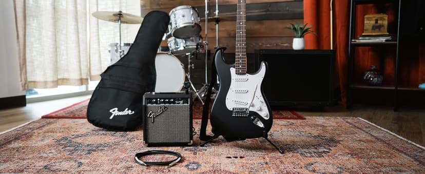 Fender Squier Debut Series Stratocaster Electric Guitar Kit, Beginner Guitar Kit, with 2-Year Warranty, with Padded Gig Bag, Frontman 10G Amp, Strap, and More, Includes Free Lessons, Black