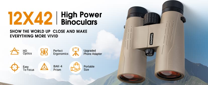 12x42 HD Binoculars for Adults High Powered Binoculars with Upgraded Phone Adapter Compact Binocular with Low Light Night Vision for Bird Watching Hunting Outdoor Sports Concerts Camo