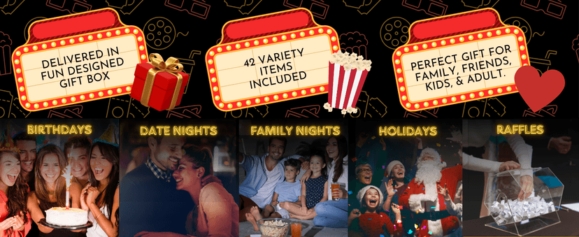 Movie Night Gift Basket – 42-Piece Gift Box with Popcorn, Candy, Snacks & Bingo – Birthdays, Date Night, Family, Kids, Adults, Mom, Dad, Teens, Christmas, Mothers Day, Fathers Day, Raffle & Fundraiser