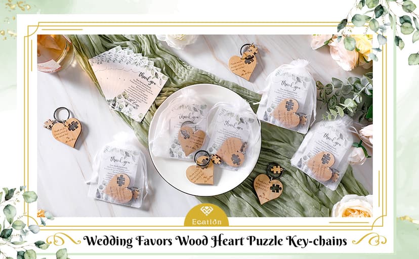 Wedding Favors for Guests Wood Heart Puzzle Keychains Thank You Cards Gift Bag Bridal Shower Souvenir Gifts(50 Sets)