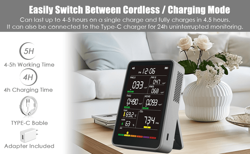 Professional Indoor Air Quality Monitor with AQI Alerts, Portable Real-Time Detector for Home, Car, Plants & Pet (Smog Gray)