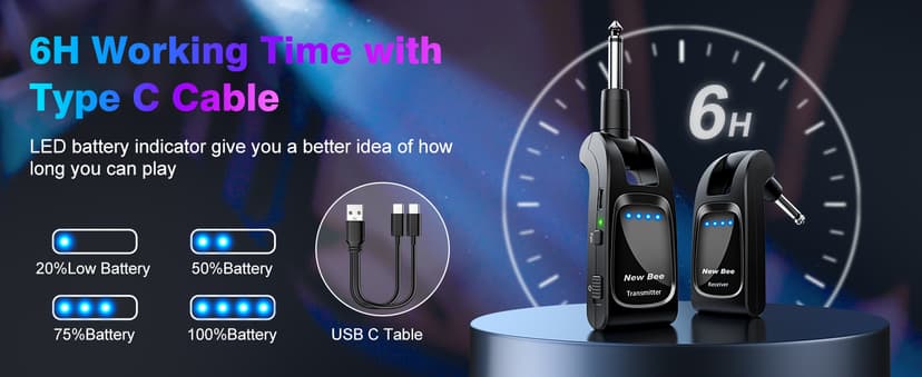 Wireless Guitar System 2.4 GHz with 6 Channels Rechargeable Audio Wireless Guitar Transmitter Receiver for Bass Electric Instruments