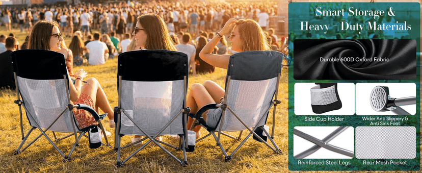 DUMOS Low Camping Beach Chair, Lightweight Folding Portable Beach Chair with Cup Holder, Storage Pocket, Breeze Mesh Back, Padded Armrests, Low Profile Chair for Camp, Picnic, Lawn, Sand, Black