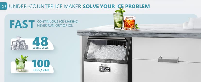 EUHOMY Commercial Ice Maker Machine, 100lbs/24H Stainless Steel Under Counter ice Machine with 33lbs Ice Storage Capacity, Freestanding Ice Maker.