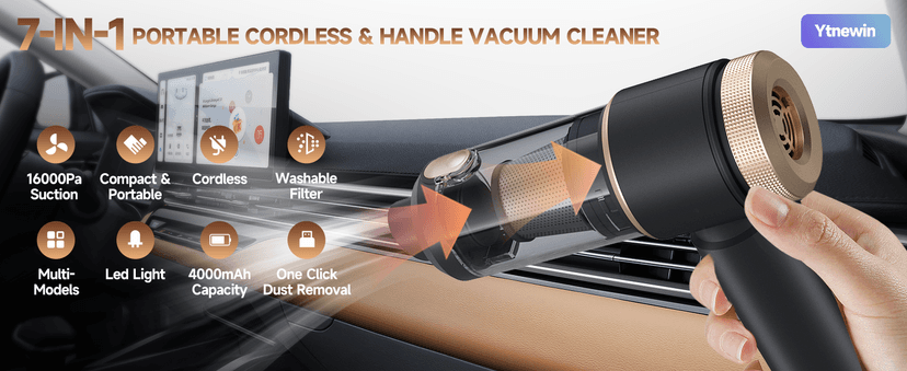 7 in 1 Car Vacuum Portable Cordless ,16000PA Strong Suction Handheld Car Cleaner With Dual HEPA Filters,LED Light,Type-C Charging Mini Vacuum, One-Click Empty Compact For Home Cleaning and Office