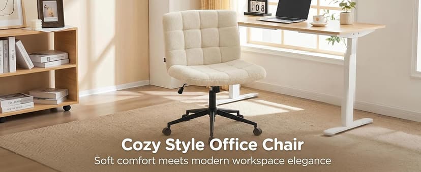 Furnimart Swivel Criss Cross Legged Chair with Wheels for Home Office, Wide Armless Desk Chair Height Adjustable Comfy Seat for Desk,Vanity, Bedroom, Faux Fur White