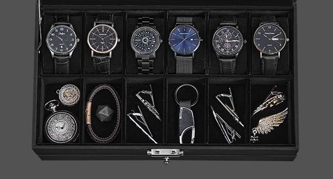 SONGMICS Watch Box, 12-Slot Watch Case Organizer with Large Glass Lid, 2 Layers, Removable Pillows, Metal Lock, Gift for Loved Ones, Black Synthetic Leather, Black Lining UJWB012B03