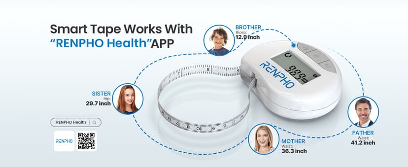 RENPHO Body Measuring Tape, Smart Tape Measure for Weight Loss, Bluetooth Fitness Equipment with App, Measuring Waist, Hip, Bust, Arms, Muscle Gain, Retractable, 60in /150cm, White