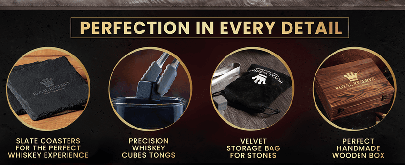 Whiskey Stones Gift Set by Royal Reserve, Artisan Crafted Scotch Bourbon Glasses, Chilling Rocks, Coasters and Tongs – Whiskey Gifts for Men Dad Boyfriend Anniversary or Retirement