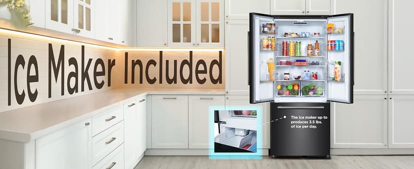 BLACK+DECKER 16 Cu. Ft. French Door Refrigerator with Built-in Ice Maker, Full Size Refrigerator with Bottom Mount Freezer Drawer, Frost Free, ENERGY STAR certified, BRF1600GIMB, Black