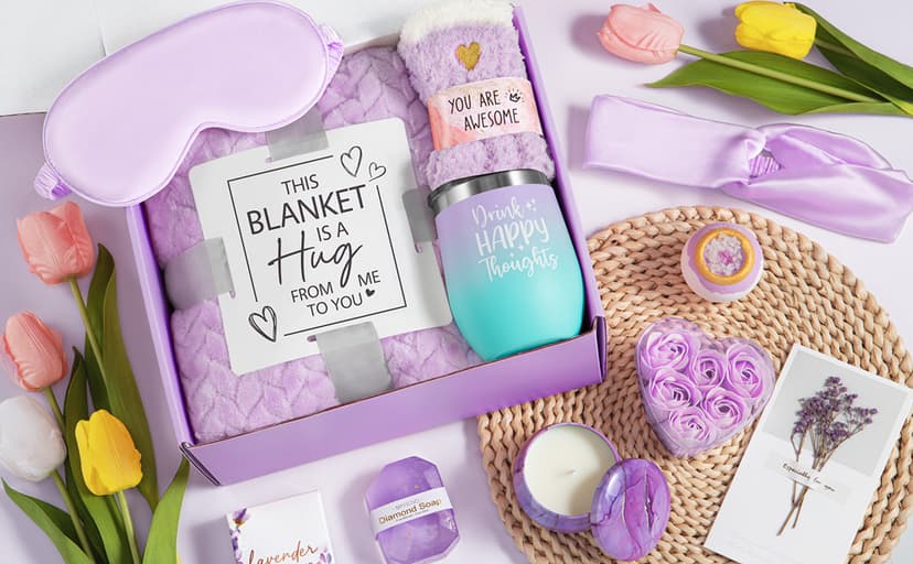 Valentines Day Birthday Gifts for Women Self Care Get Well Soon Gift Baskets, Lavender Relaxing Spa Gift Basket Care Package Flannel Blanket, Unique Gifts for Her Mom Wife Girlfriend Friends Sister