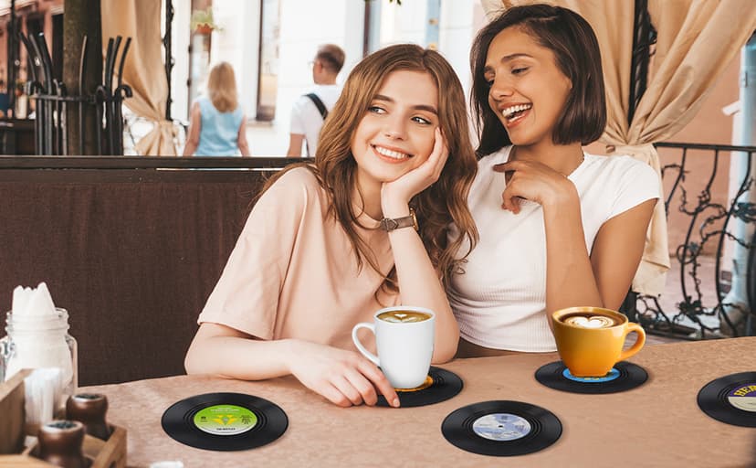 Funny Retro Record Coasters for Drinks with Vinyl Player Holder for Music Lovers,Set of 6 Conversation Piece Sayings Drink Coaster,Housewarming Hostess Wedding Registry Gift Ideas