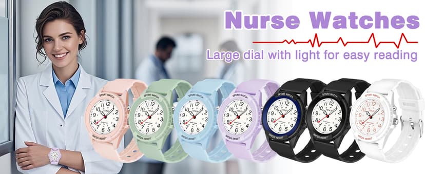 TENOCK Waterproof Nurse Watch for Medical Professionals Students Women Men, Night Light, 12/24 Hour Military Time Easy to Read Dial, Second Hand Watch for Nursing Day Gifts