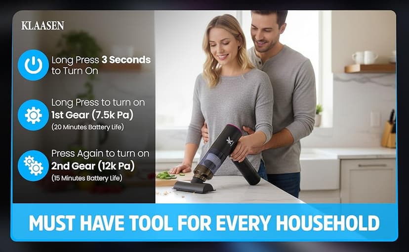Handheld Car Vacuum Cleaner, Dual Suction 7.5K & 12k Pa, Portable Mini | Blower, Inflator, Deflator and Dustbuster for Car, Home, Kitchen & Office | Black Color