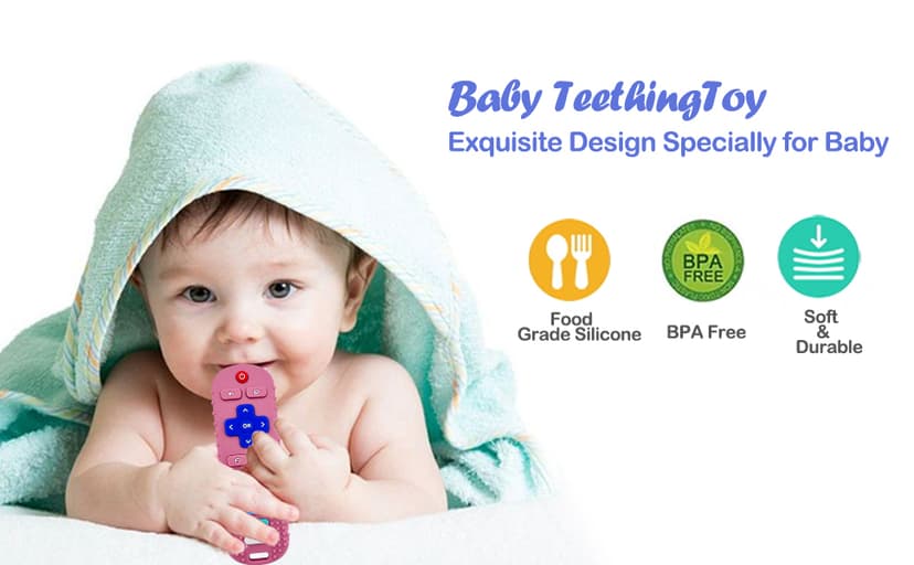 ROBBEAR Baby Teething Toys, Food Grade Silicone Teether for Babies 3 6 12 18 Months, TV Remote Shape Toddlers Chew Toys, Freezer BPA Free (Pink RC)