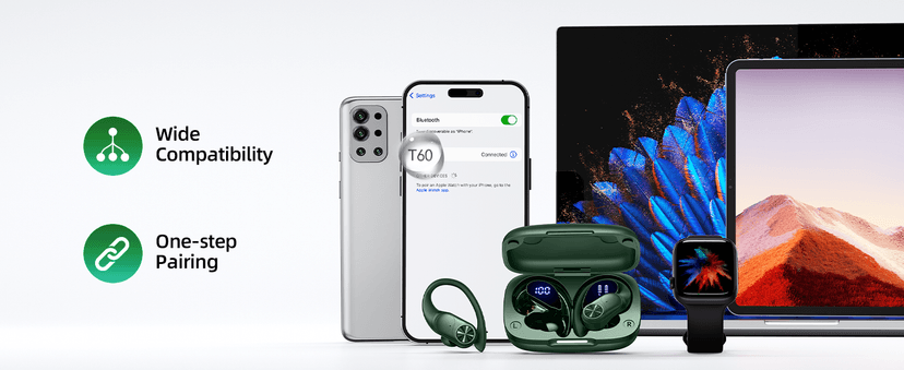 PocBuds Bluetooth Headphones Wireless Earbuds 80hrs Playtime Wireless Charging Case Digital Display Sports Ear Buds with Earhook Deep Bass IPX7 Waterproof Over-Ear Earphones for TV Phone Laptop Olive