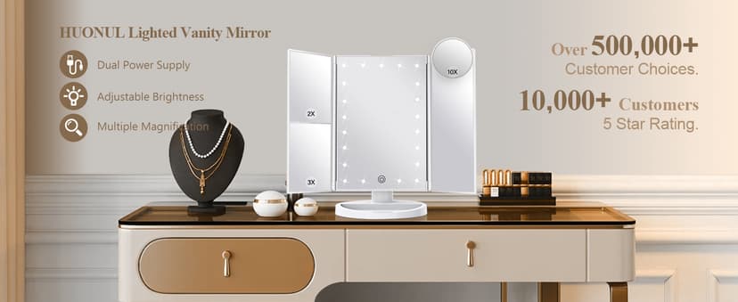 HUONUL Makeup Mirror Vanity Mirror with Lights, 2X, 3X, 10X Magnification, Touch Control, Trifold, White, 9.4" L x 13.4" W, Modern Style, Dresser Mount, Bathroom