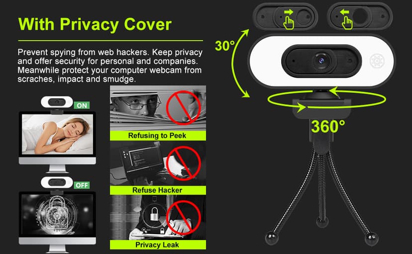 Webcam with Ring Light Microphone - Streaming Web Camera, 1080P Full HD Pro Camera for PC Mac Laptop Desktop, USB Computer Webcam with Privacy Cover and Tripod for Zoom Meeting Skype Teams Twitch