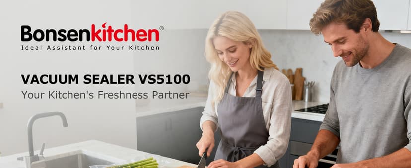 Bonsenkitchen Vacuum Sealer for Food, Easy-Lock Handle Vacuum Sealer Machine with Bag Clip, Built-in Cutter and Bag Storage for Sous Vide and Meal Prep, 1 Roll Bag & 10 Pre-Cut Bags, Silver