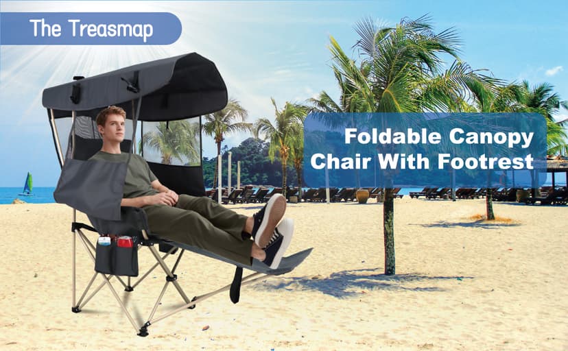 Folding Camping Chairs Canopy Outdoor: Sports Portable Beach Chair with Canopy-Lawn Beach Chairs with Umbrella for Adults-Camping Chair with Shade for Fishing Camp Heavy Duty (Casual, Grey)