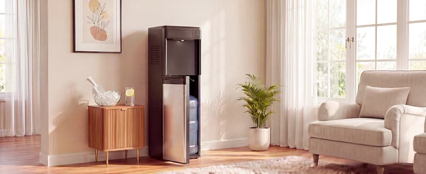 3 in 1 Water Cooler Dispenser with Ice Maker, Bottom-Loading Water Cooler Hot and Cold for Home & Office, 33lbs/24H Bullet Ice, Top Loading 3-5 Gallon, Child Safety Lock, Ice Ready in 7 Mins