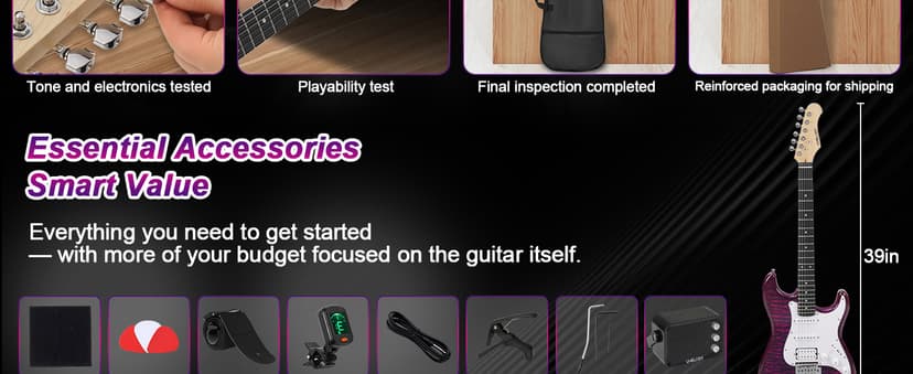UST-200 Beginner Electric Guitar Kit HSS Pickup, Versatile 5-Way Switch for Clean to High-Gain Tone, Full-Size ST Style Guitar for Starter & Intermediate Players, Gig Bag, Digital Tuner Purple