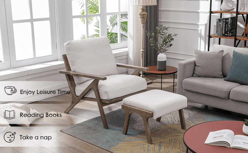 chairus Mid-Century Modern White Linen Accent Chair with Ottoman, Comfy Upholstered Lounge Armchair with Removable Cushions & Solid Wood Frame, Fabric Reading Chair for Living Room Bedroom Office