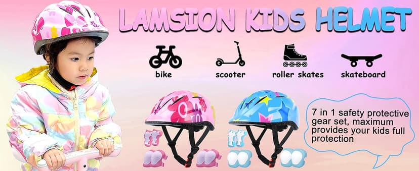 Lamsion Kids Helmet Adjustable with Sports Protective Gear Set Knee Elbow Wrist Pads for Toddler Ages 3 to 8 Years Old Boys Girls Cycling Skating Scooter Helmet