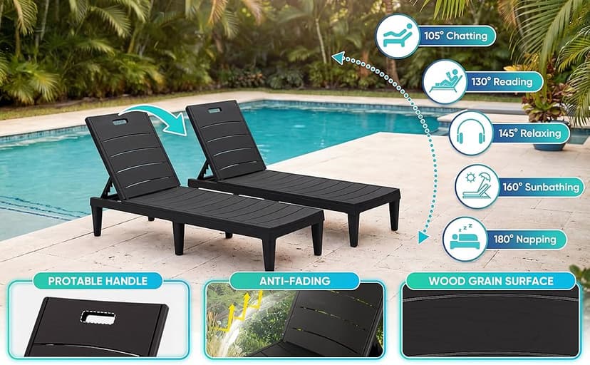 Greesum Outdoor Chaise Lounge Chairs Set of 2 with 5-Position Adjustable Backrest, Waterproof PP Sun Loungers for Garden Pool Beach Patio Deck Sunbathing, Black