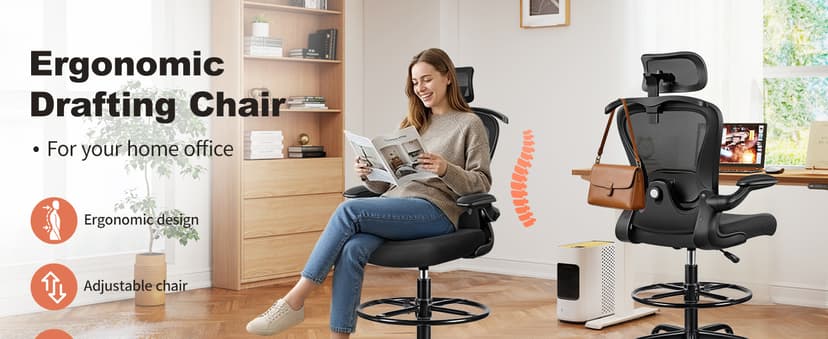 Drafting Chair, Tall Office Chair with 3D Lumbar & Head Support, Ergonomic Mesh Standing Desk Chair with Footring, Comfy Extended High Desk Chair with Flip-Up Arms & Hanger,Black