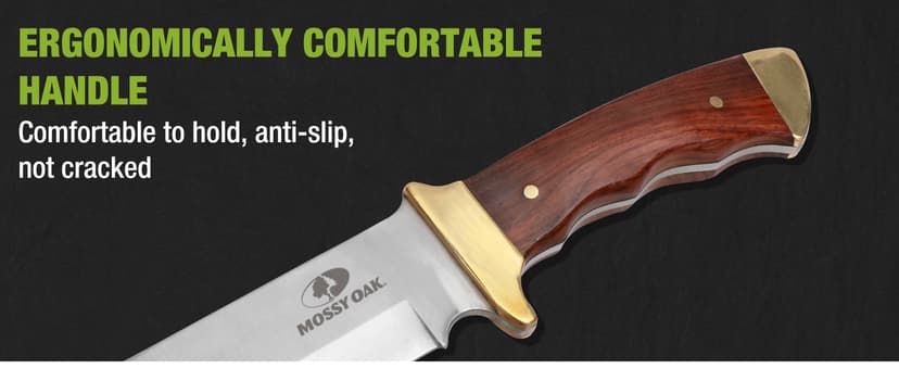 Mossy Oak 14-inch Bowie Knife, Full-tang Fixed Blade, Wood Handle Hunting Knife with Leather Sheath for Camping, Hiking, Survival
