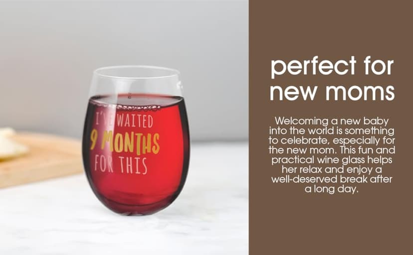 Pearhead I’ve Waited 9 Months For This Stemless Wine Glass, Perfect for Mother’s Day, Ideal Gift for Baby Shower, Post Pregnancy, New and Expecting Moms, Pink and Gold, 16 Oz