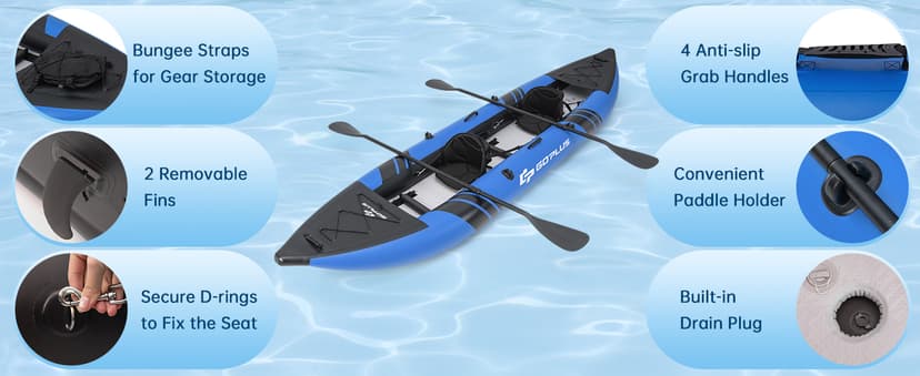 Goplus Tandem Inflatable Kayak, 12.5FT 2-Person Kayak for Adults w/507 LBS Weight Capacity, 2 Aluminium Oars, Padded Seat, 2 Fins, Hand Pump, Carry Bag, Repair Kit, Portable Touring Kayaks